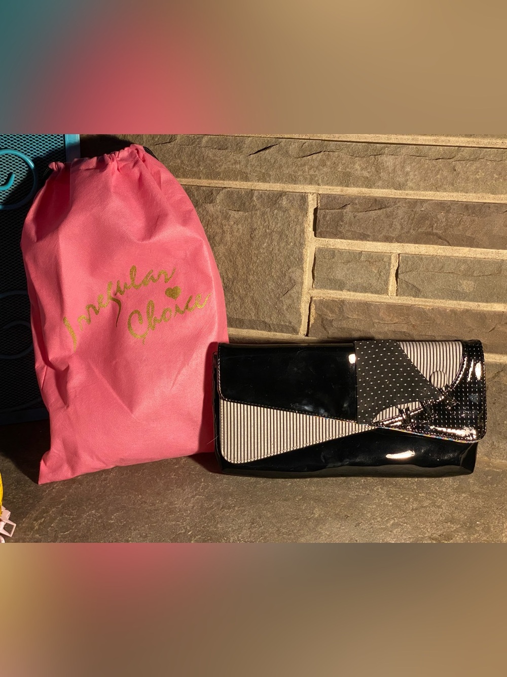 Irregular Choice SPAT ATTACK black patent leather/white clutch,new w/dust bag